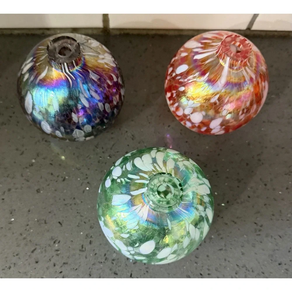 Pottery Barn Hand Blown Art Glass Oil Candle Lamp Round Orange Purple Green 3pc‎